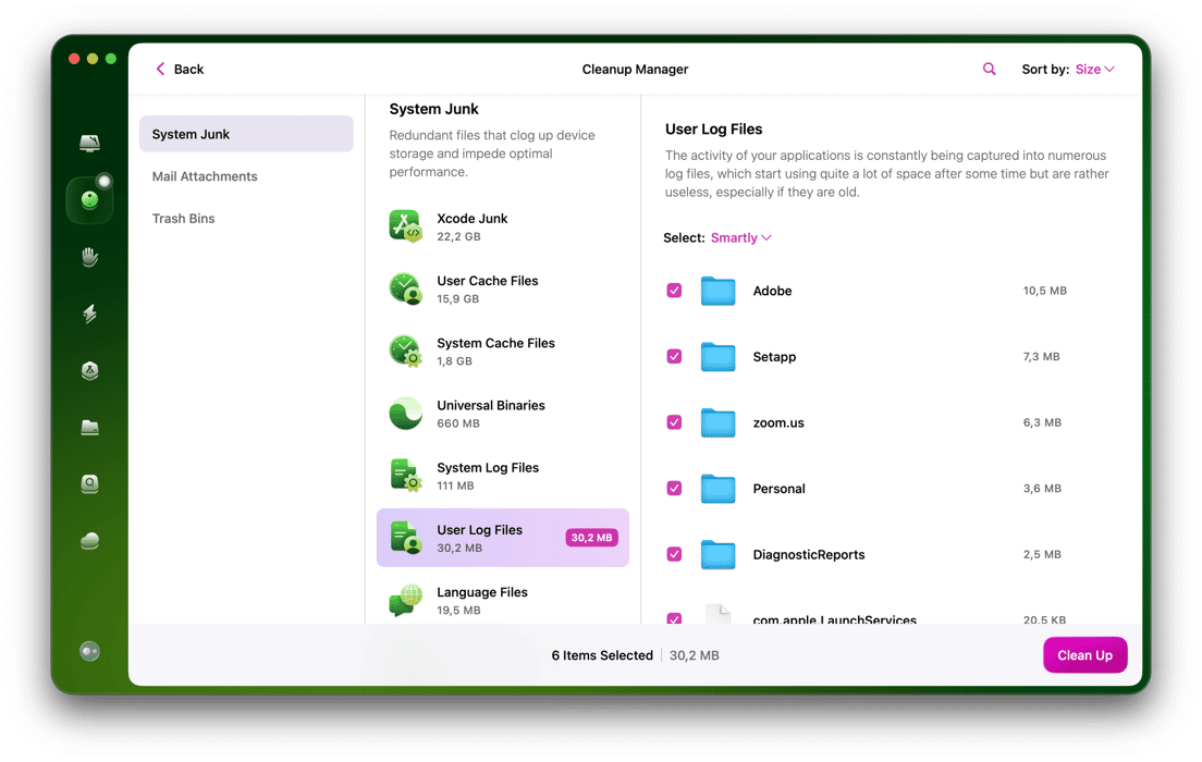 CleanMyMac  - User log files in System Junk module