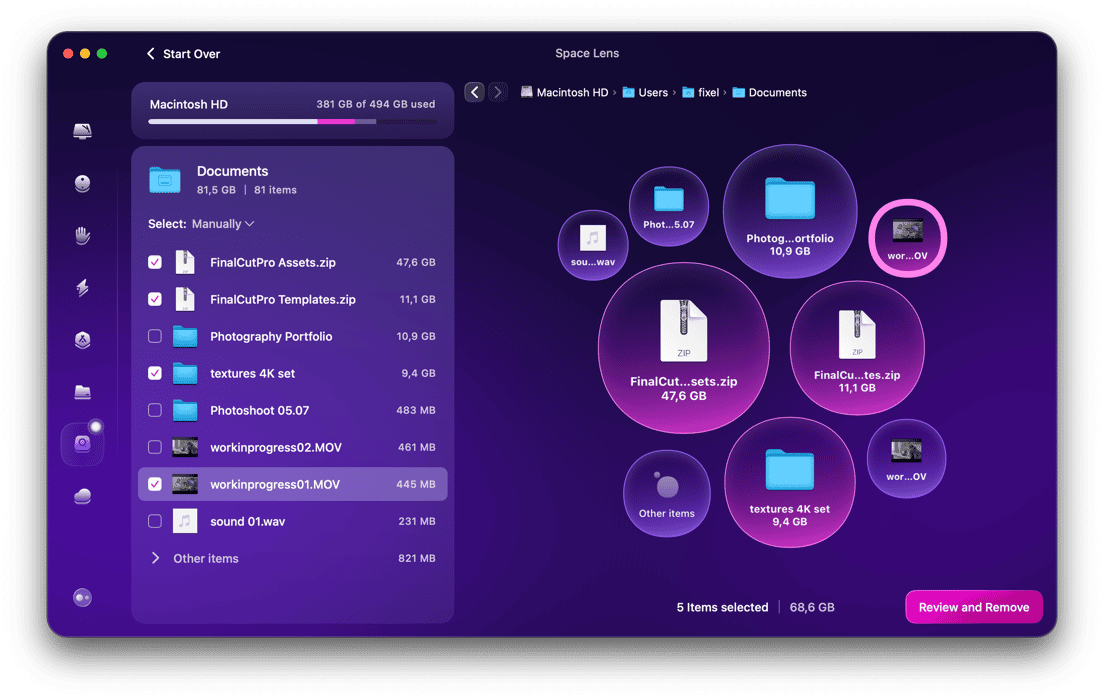 Detailed information in SpaceLens module of CleanMyMac X