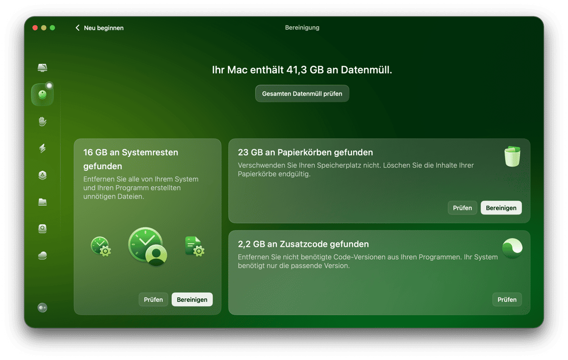 W&auml;hlen Sie in der Seitenleiste &bdquo;Bereinigung&ldquo; aus und klicken Sie auf &bdquo;Scannen&ldquo;