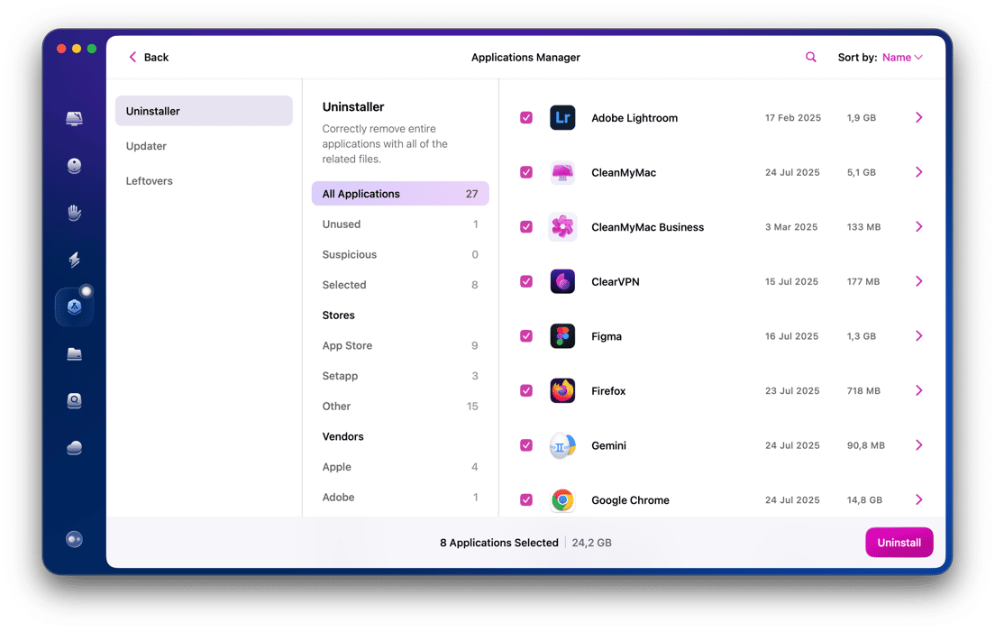 All apps selected in the Uninstaller module of CMM