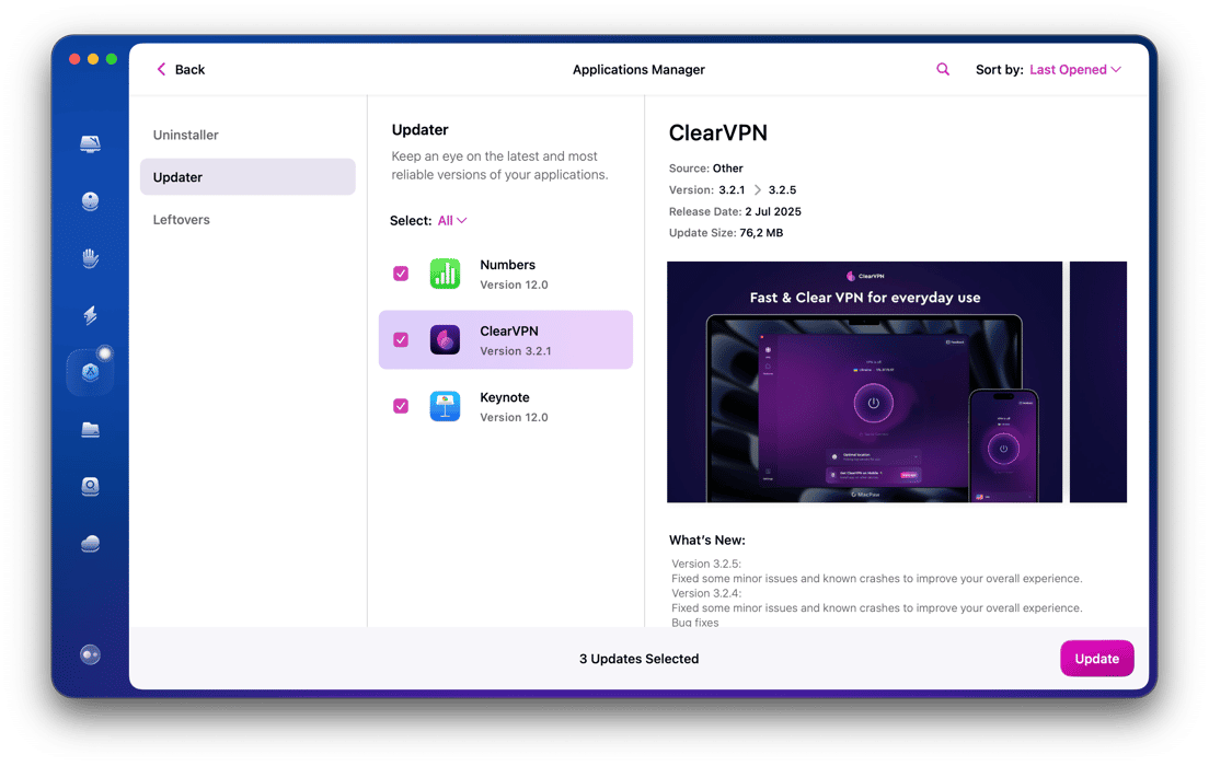 applications updater detailed results