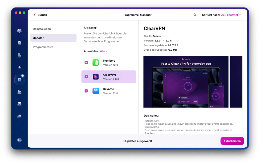 applications updater detailed results