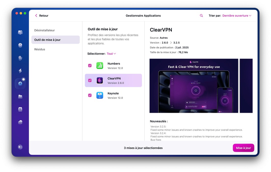 applications updater detailed results