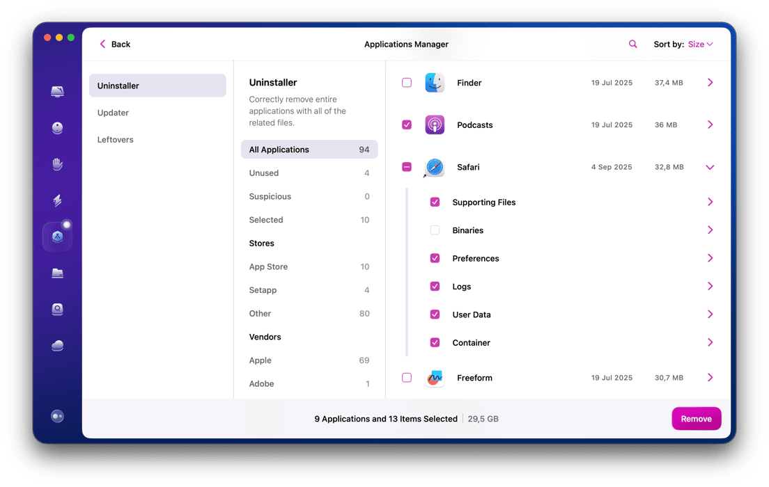 Safari reset selected in the Uninstaller module in CMM