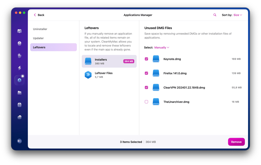 Kontrollera ocks&aring; fliken Leftovers f&ouml;r att ta bort filer som &auml;r kopplade till appar som du har tagit bort innan du installerade CleanMyMac