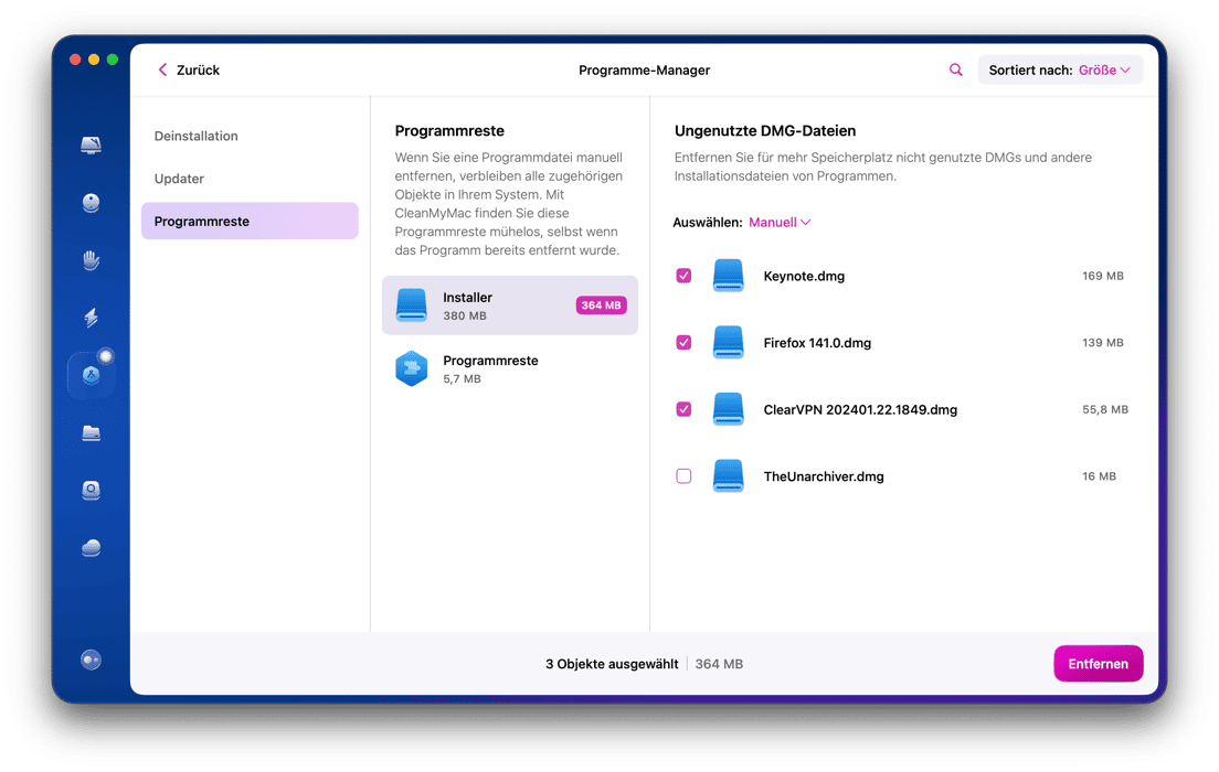 &Uuml;berpr&uuml;fen Sie auch den Tab &bdquo;Programmreste&ldquo;, um Dateien zu entfernen, die mit den Apps verbunden sind, die Sie vor der Installation von CleanMyMac entfernt haben