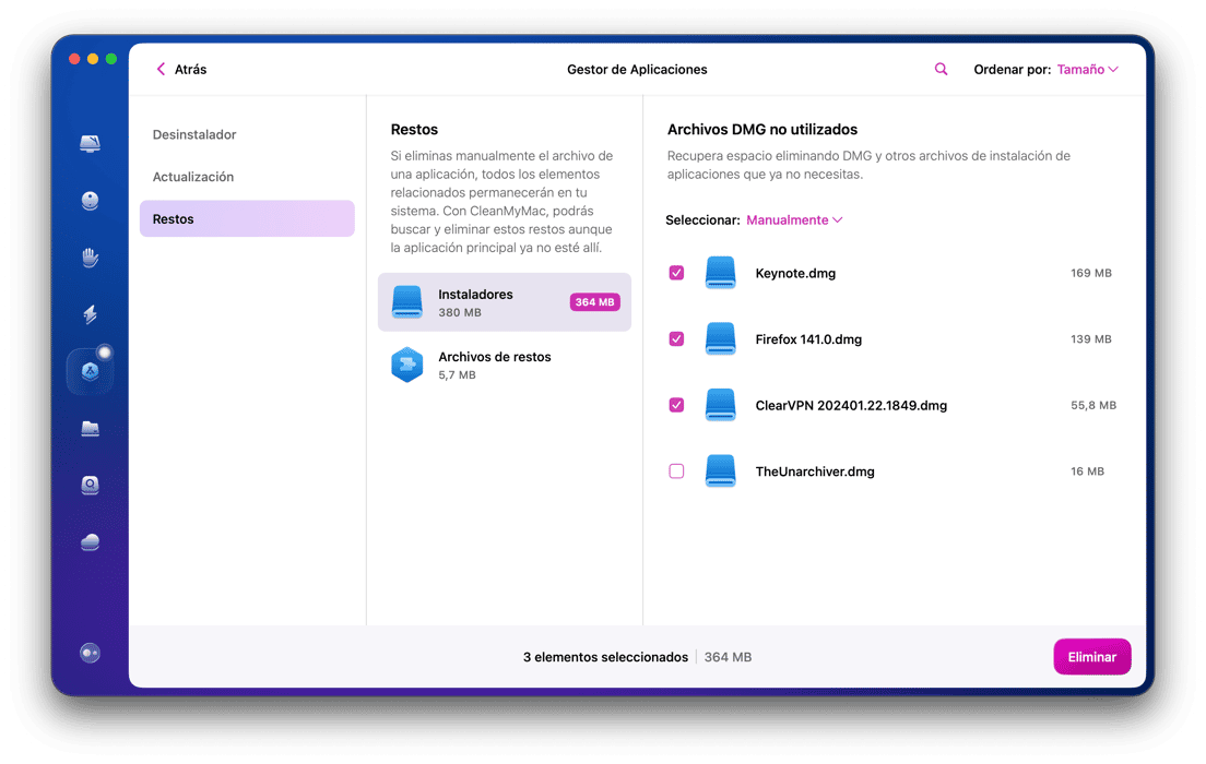 revisa la pesta&ntilde;a Restos para eliminar los archivos asociados con las apps que hayas eliminado antes de instalar CleanMyMac