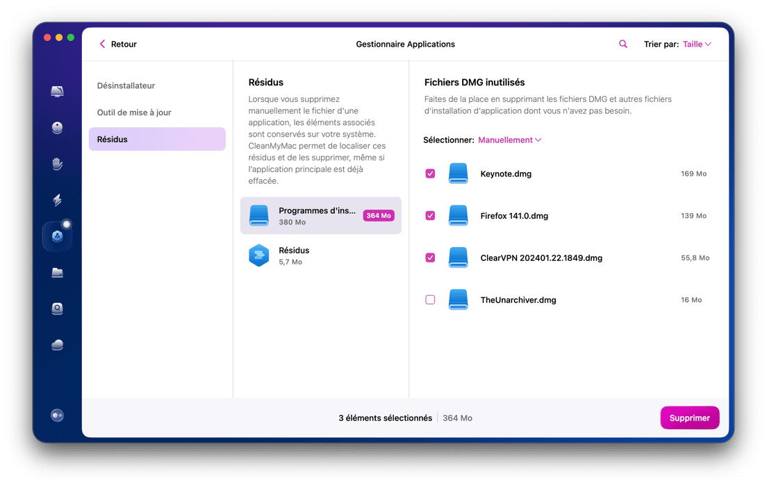 Rendez-vous &eacute;galement dans l'onglet R&eacute;sidus pour supprimer les fichiers associ&eacute;s aux applications que vous aviez effac&eacute;es avant d'installer CleanMyMac