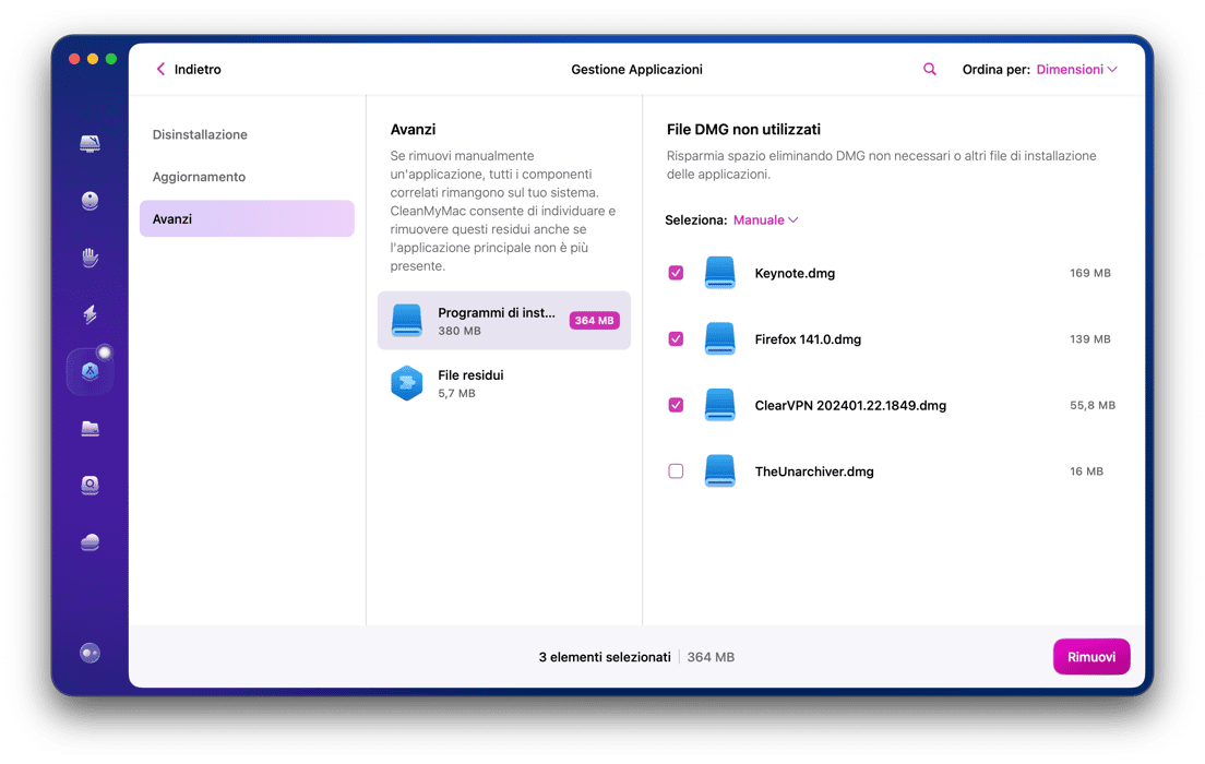 Per rimuovere i file associati alle app che hai eliminato prima di installare CleanMyMac, controlla anche la scheda Residui