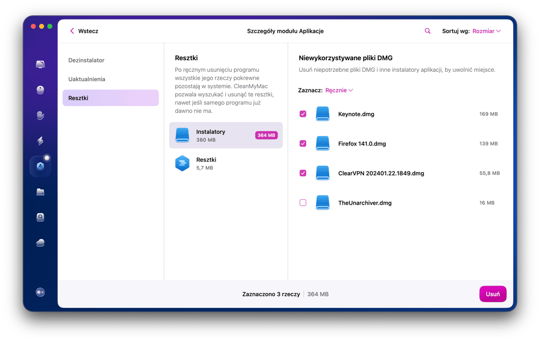R&oacute;wnież sprawdź kartę Resztki, aby usunąć pliki, powiązane z aplikacjami, usuniętymi przed zainstalowaniem CleanMyMac