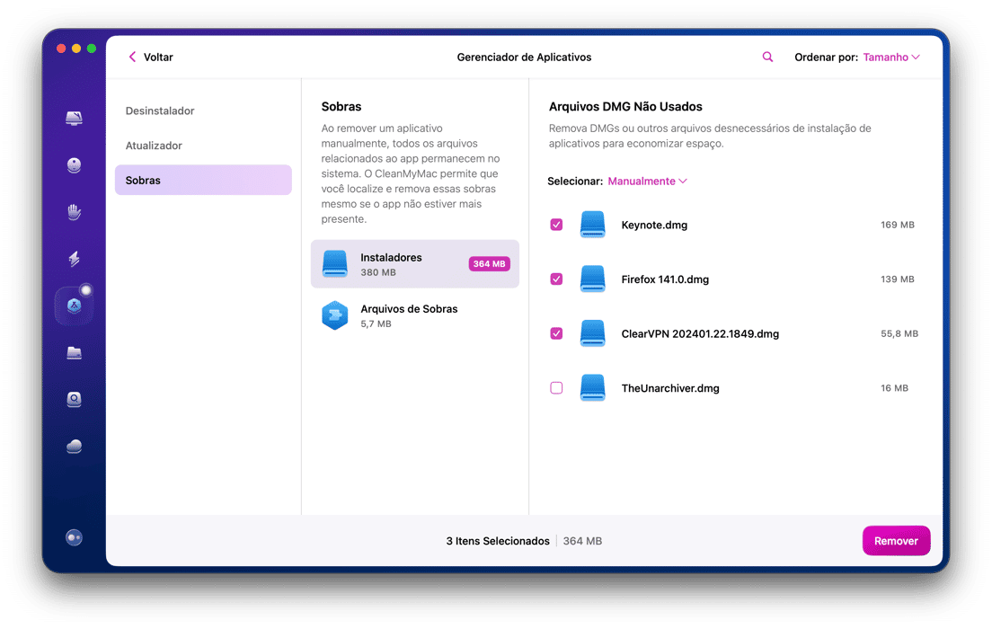 Verifique tamb&eacute;m a se&ccedil;&atilde;o Sobras para remover os arquivos associados aos apps que voc&ecirc; tiver removido antes de instalar o CleanMyMac