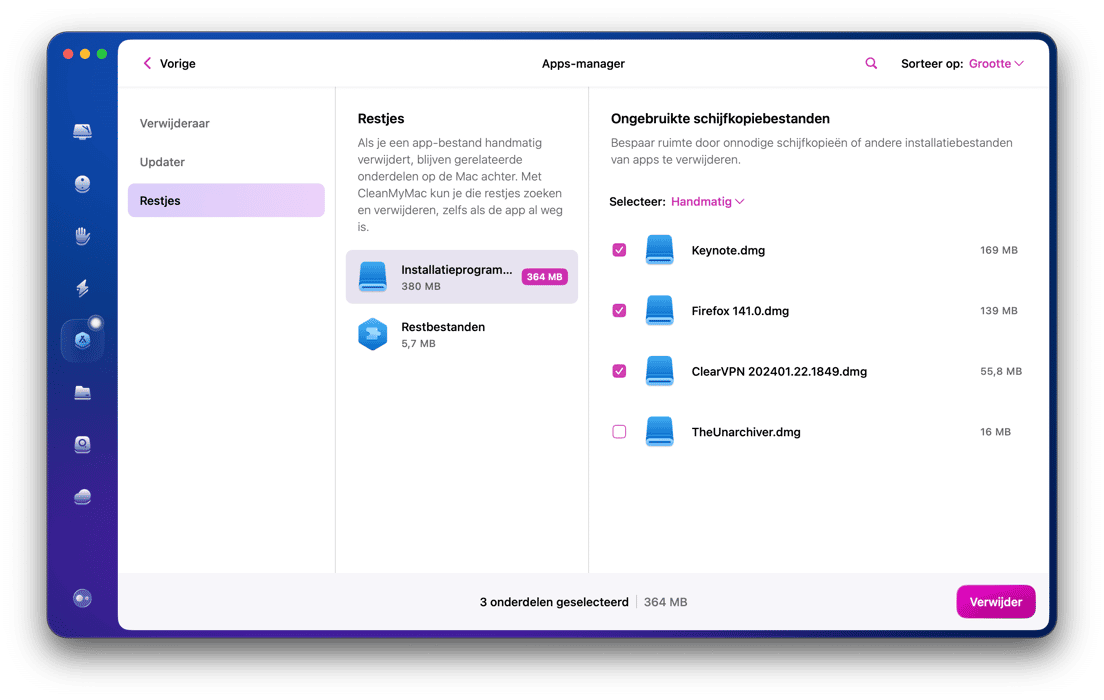 Bekijk ook even het tabblad 'Restjes' om bestanden te verwijderen die gerelateerd zijn aan apps die je al had verwijderd voor je CleanMyMac installeerde