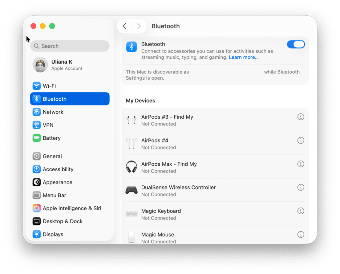 macOS Bluetooth settings showing connected devices list