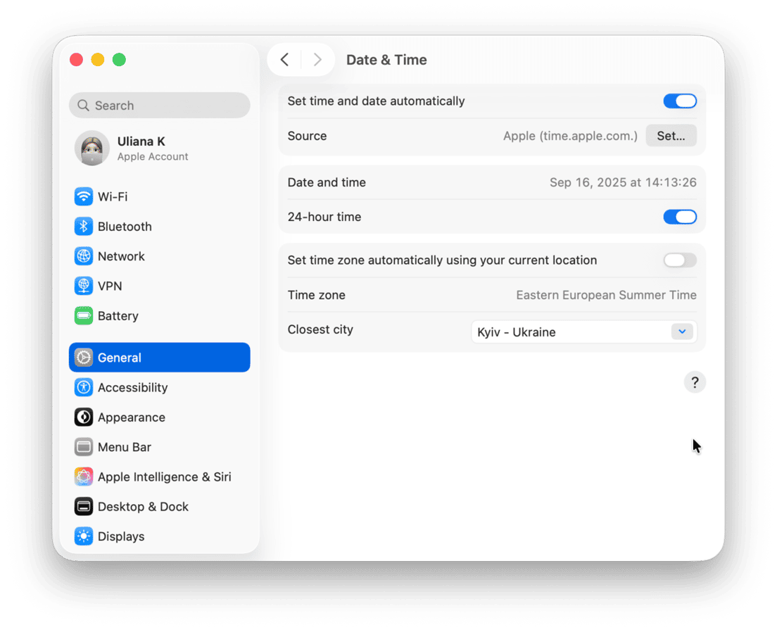 macOS Date & Time settings panel with automatic time sync and time zone configuration