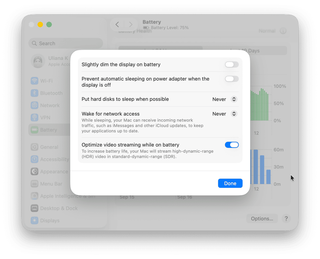 macOS Battery settings options panel showing power management and video streaming preferences
