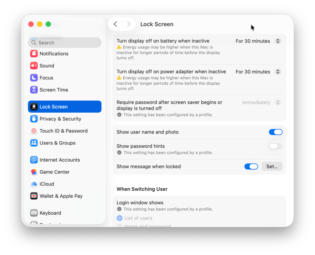 System Preferences - macOS Lock Screen settings showing display timeout, password and login window preferences