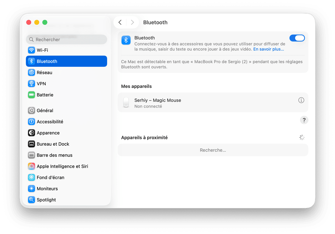 Param&egrave;tres Bluetooth macOS affichant la liste des appareils connect&eacute;s