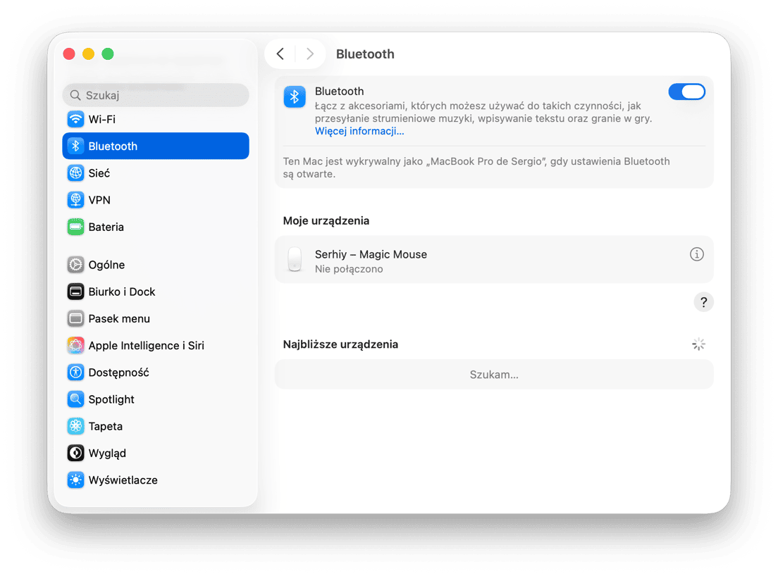 Ustawienia Bluetooth macOS z listą podłączonych urządzeń
