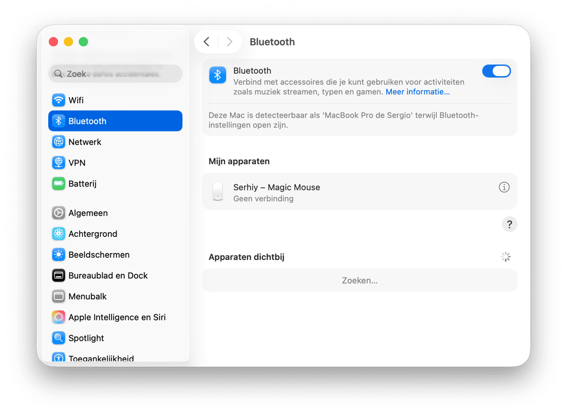 macOS Bluetooth-instellingen met lijst van verbonden apparaten