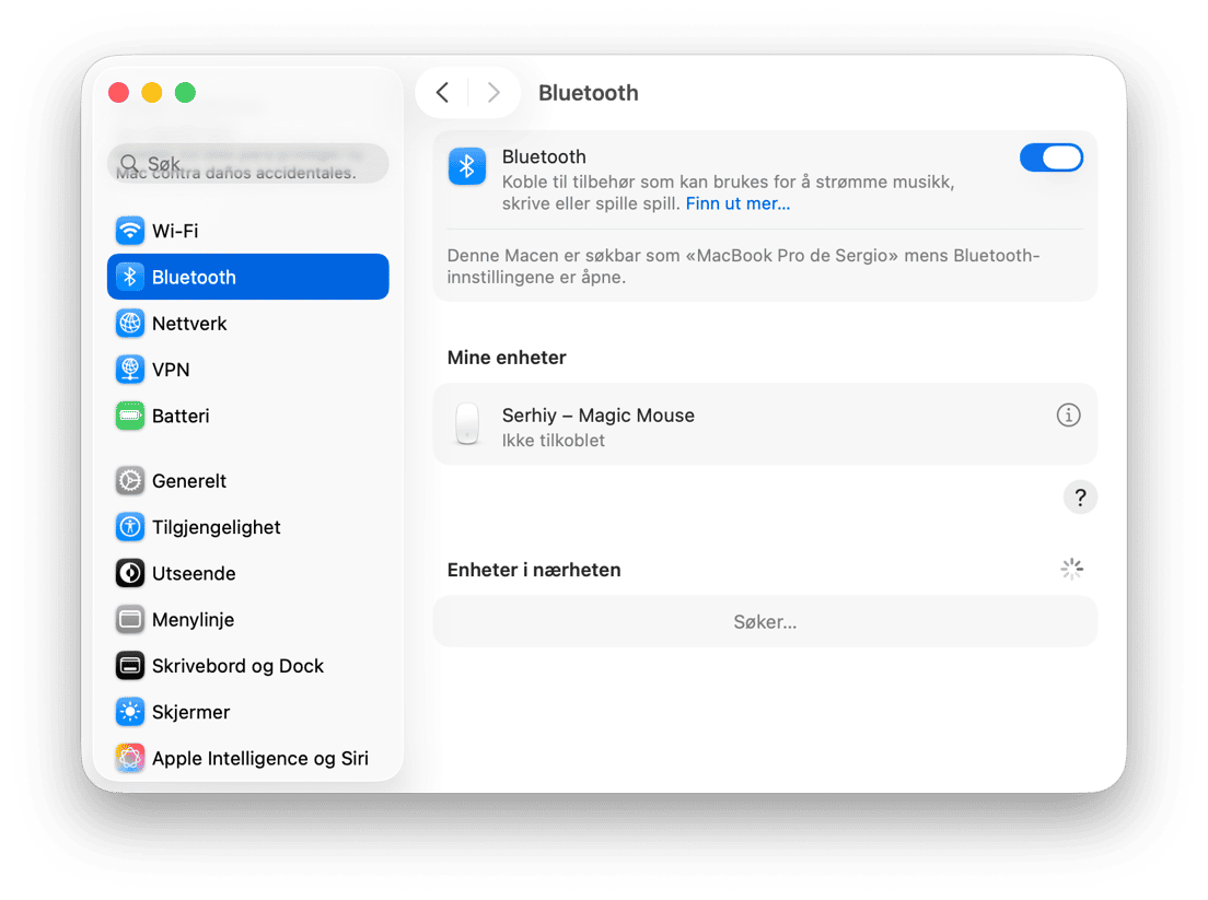 macOS Bluetooth-innstillinger som viser liste over tilkoblede enheter