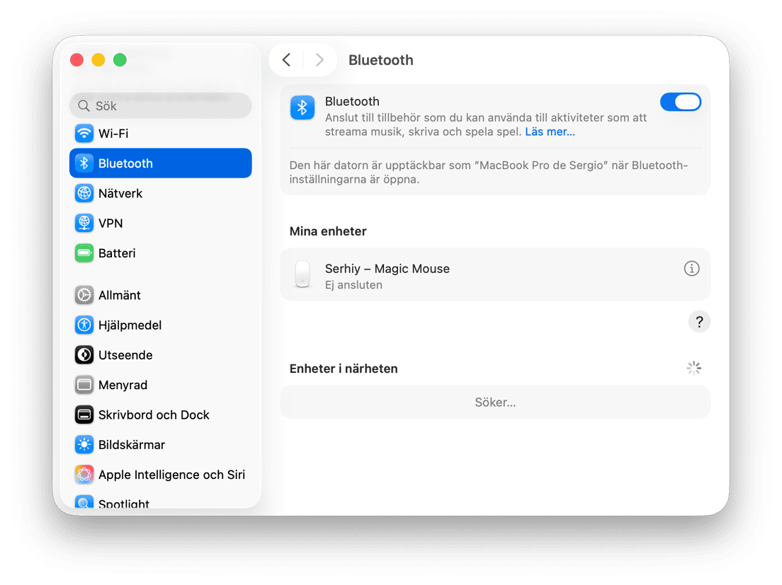 macOS Bluetooth-inst&auml;llningar med lista &ouml;ver anslutna enheter
