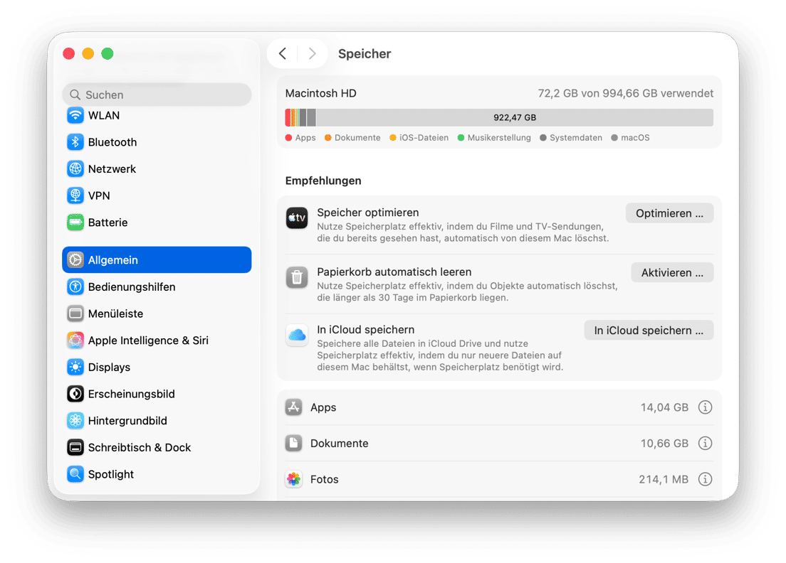 macOS Speichereinstellungen mit Macintosh HD-Nutzungsaufschl&uuml;sselung und Speicheroptimierungsempfehlungen
