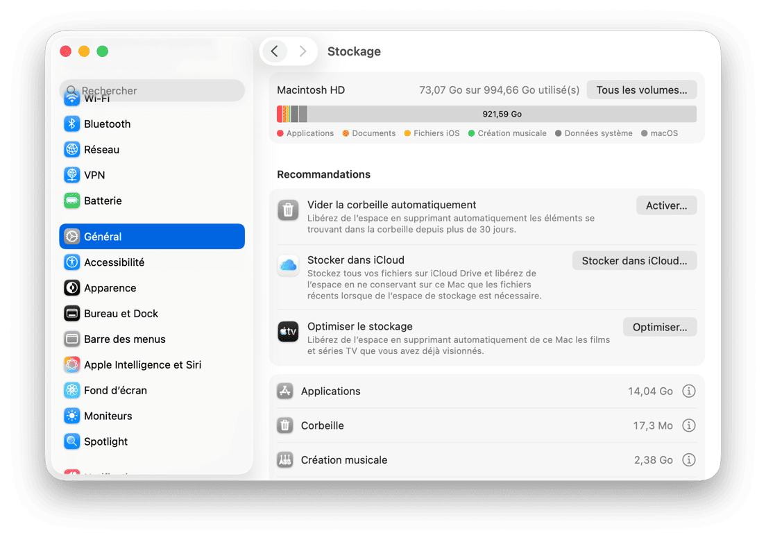 Reglages du systeme Stockage