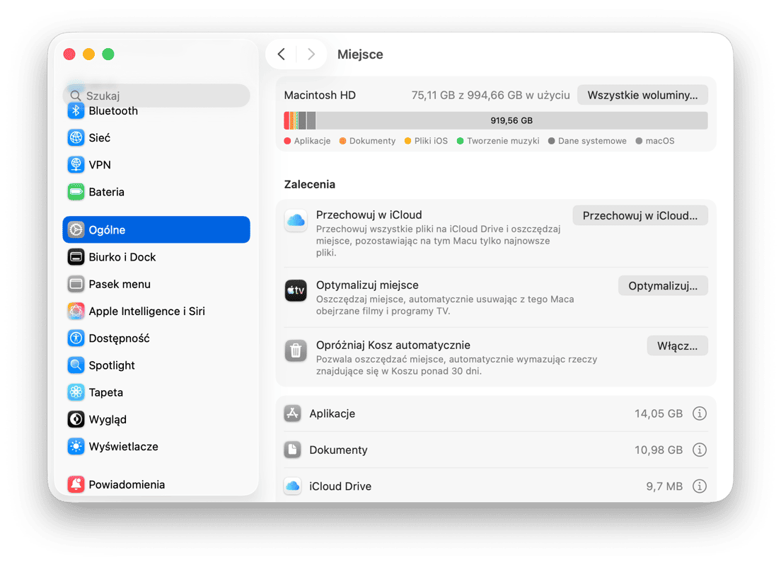 Ustawienia systemowe - Ustawienia pamięci macOS z podziałem wykorzystania Macintosh HD i zaleceniami optymalizacji