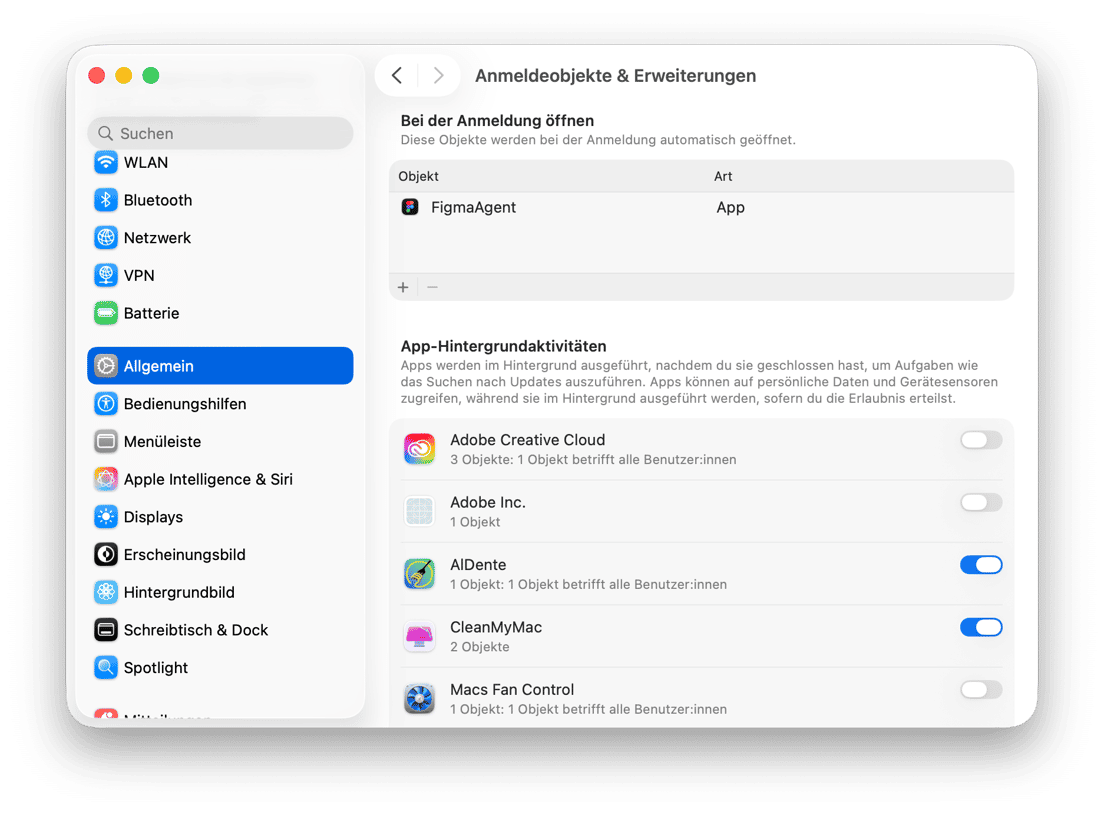 macOS Anmeldeobjekte und Erweiterungen mit Autostart-Apps und Hintergrundaktivit&auml;ts-Berechtigungen