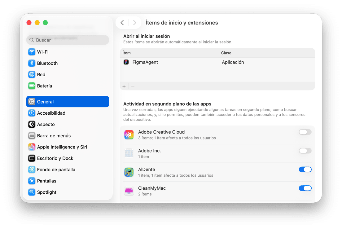 sistema preferencias - Configuraci&oacute;n de elementos de inicio de sesi&oacute;n y extensiones de macOS con apps de inicio y permisos de actividad en segundo plano