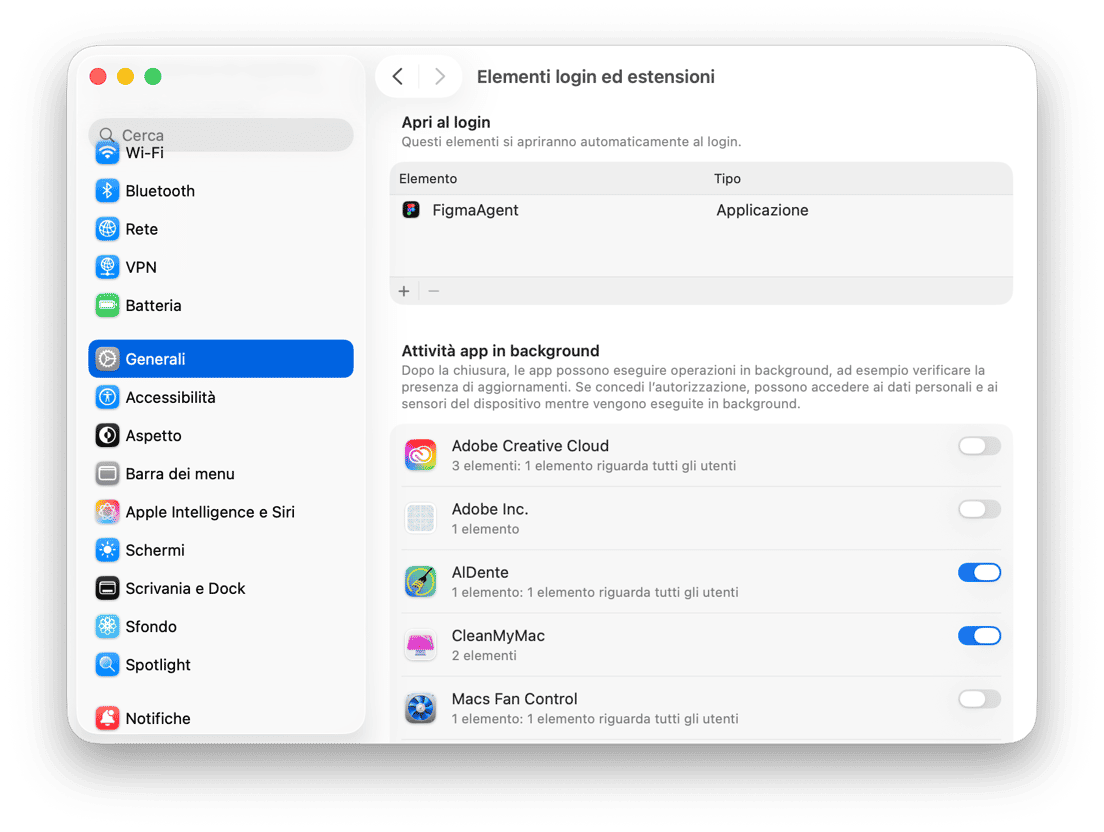 - Impostazioni Elementi di accesso ed estensioni macOS con app di avvio e autorizzazioni attivit&agrave; in backgroundElementi di Login