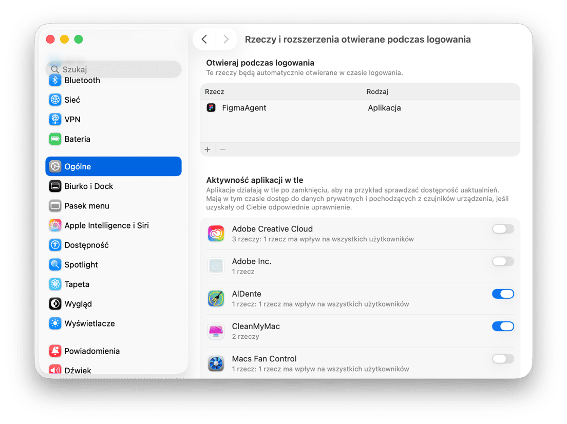 Ustawienia systemowe - Ustawienia element&oacute;w logowania i rozszerzeń macOS z aplikacjami startowymi i uprawnieniami aktywności w tle