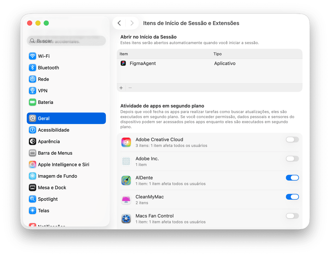 sistema Prefer&ecirc;ncias - Configura&ccedil;&otilde;es de itens de login e extens&otilde;es do macOS com apps de inicializa&ccedil;&atilde;o e permiss&otilde;es de atividade em segundo plano