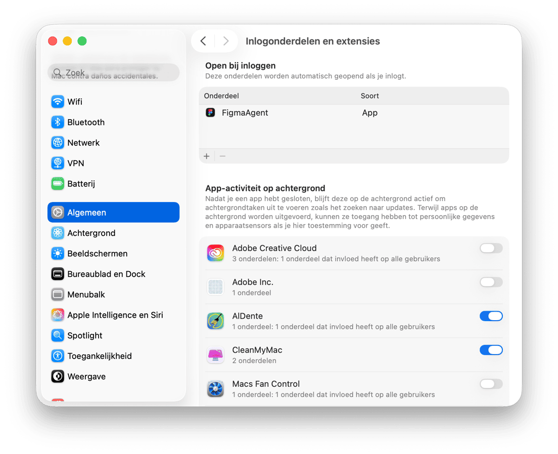 systeem Voorkeuren - macOS inlogonderdelen en extensies-instellingen met opstart-apps en achtergrondactiviteitsmachtigingen
