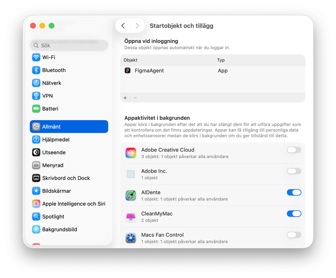 systemet Inst&auml;llningar - macOS inloggningsobjekt och till&auml;gg-inst&auml;llningar med startappar och bakgrundsaktivitetsbeh&ouml;righeter