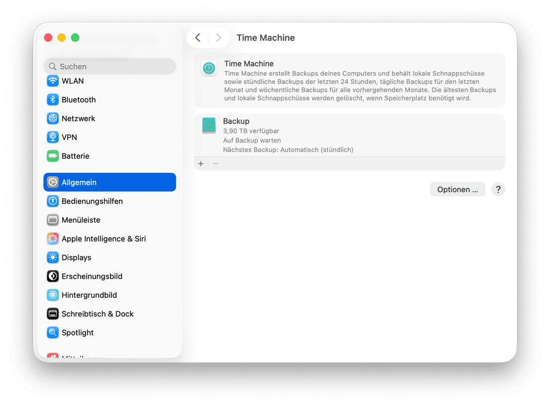 macOS Time Machine-Einstellungen mit Backup-Laufwerkstatus und geplanter Backup-Konfiguration