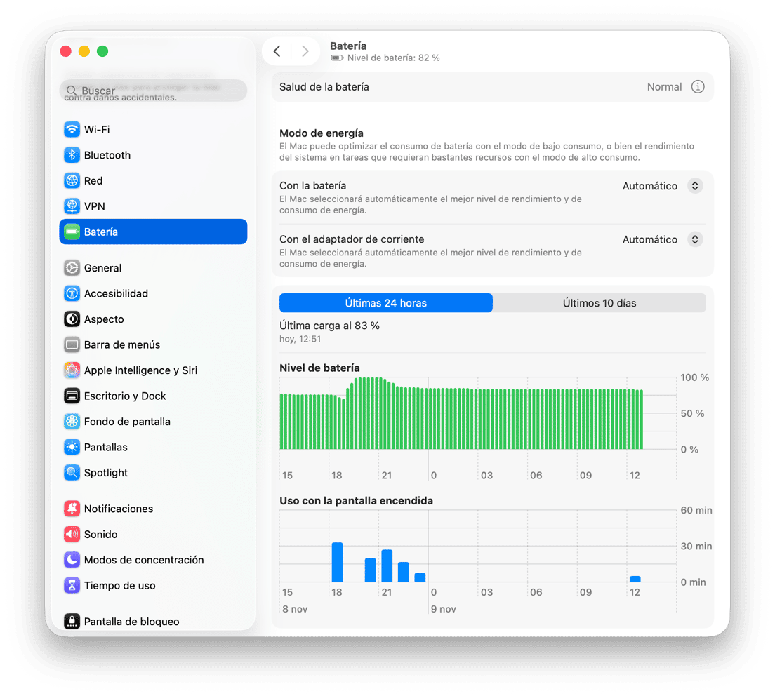 Configuraci&oacute;n de bater&iacute;a de macOS con gr&aacute;fico de nivel de bater&iacute;a