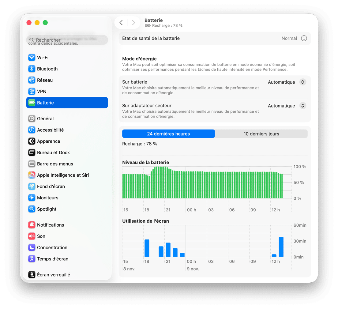 Param&egrave;tres de batterie macOS affichant le graphique du niveau de batterie