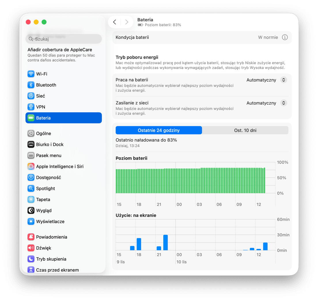 Ustawienia baterii macOS z wykresem poziomu naładowania