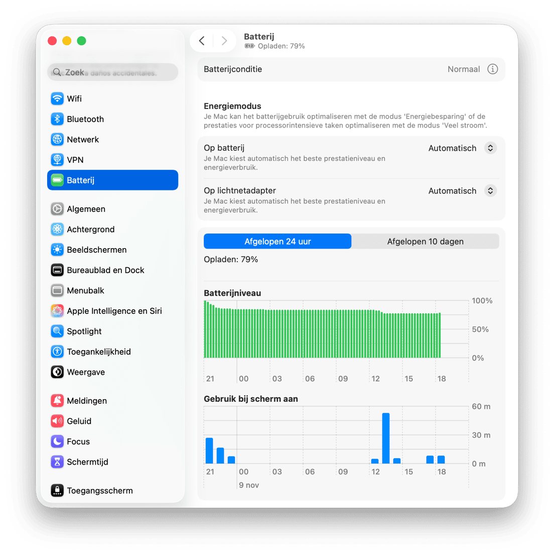 macOS batterij-instellingen met batterijniveaudiagram