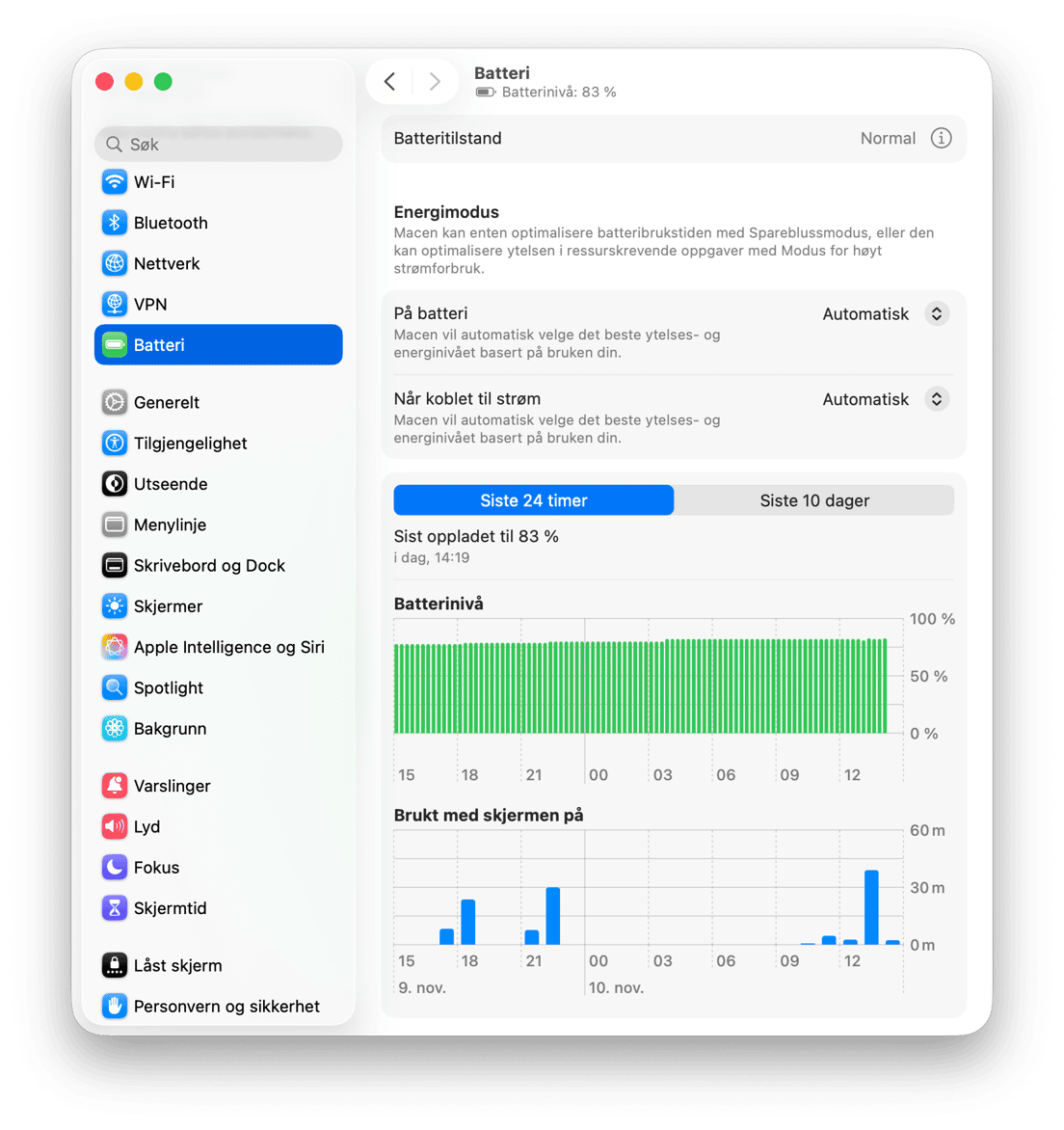 macOS batteriinnstillinger som viser batteriniv&aring;diagram