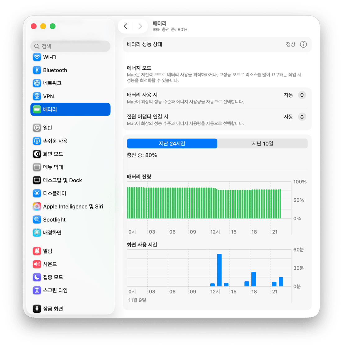 배터리 잔량 차트가 표시된 macOS 배터리 설정