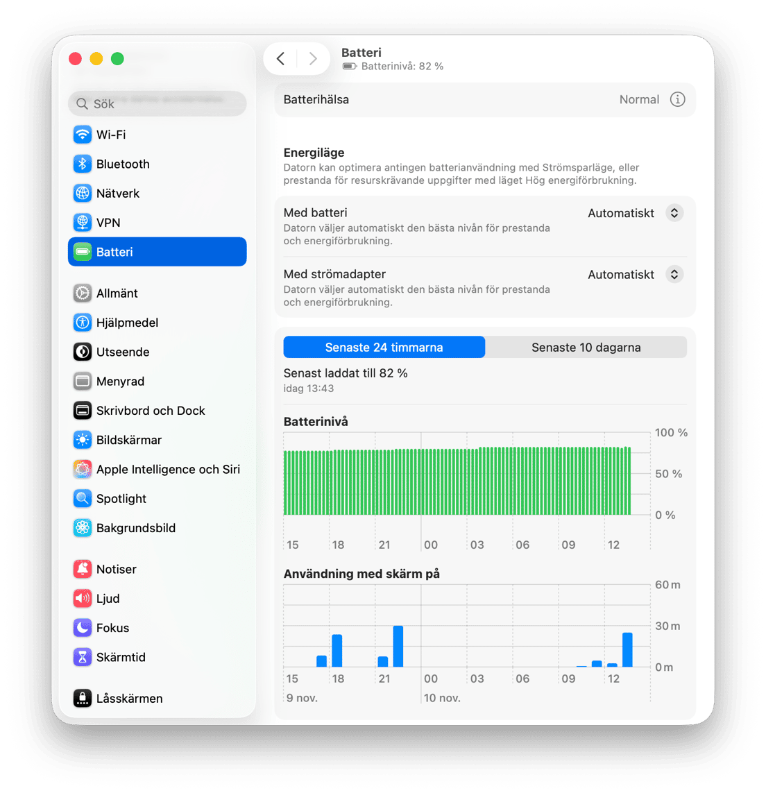 macOS batteriinst&auml;llningar med batteriniv&aring;diagram