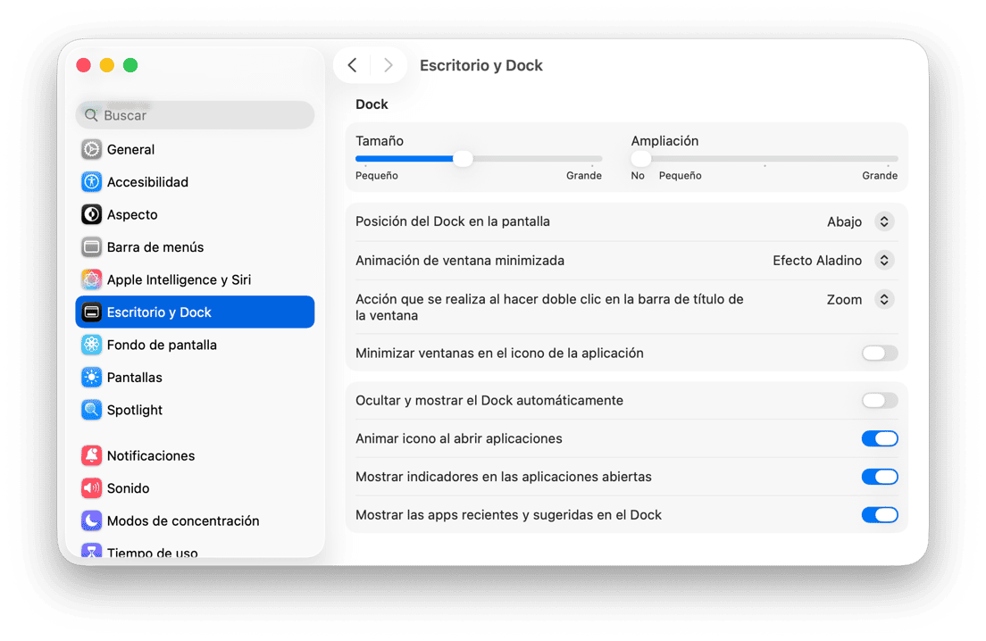 sistema preferencias escritorio dock
