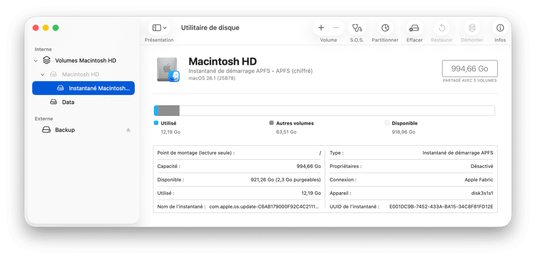 Utilitaire de disque macOS affichant la capacit&eacute; de stockage de Macintosh HD et les d&eacute;tails du volume APFS