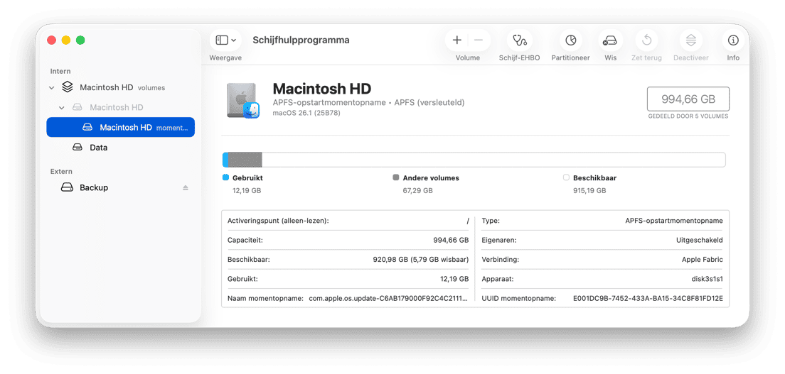 macOS Schijfhulpprogramma toont opslagcapaciteit van Macintosh HD en APFS-volumedetails