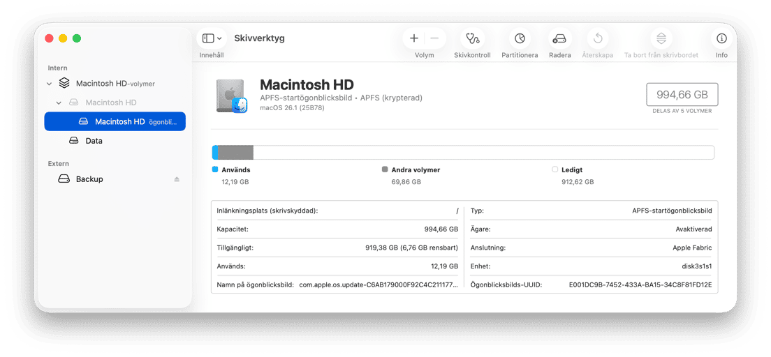 macOS Skivverktyg som visar lagringskapacitet f&ouml;r Macintosh HD och APFS-volymdetaljer