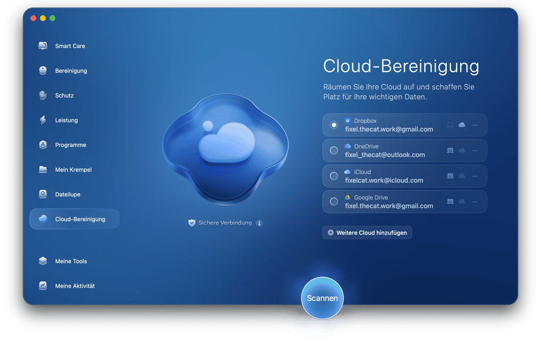 Cloud-Bereinigung: Verwalten Sie iCloud, Google Drive, OneDrive, Dropbox