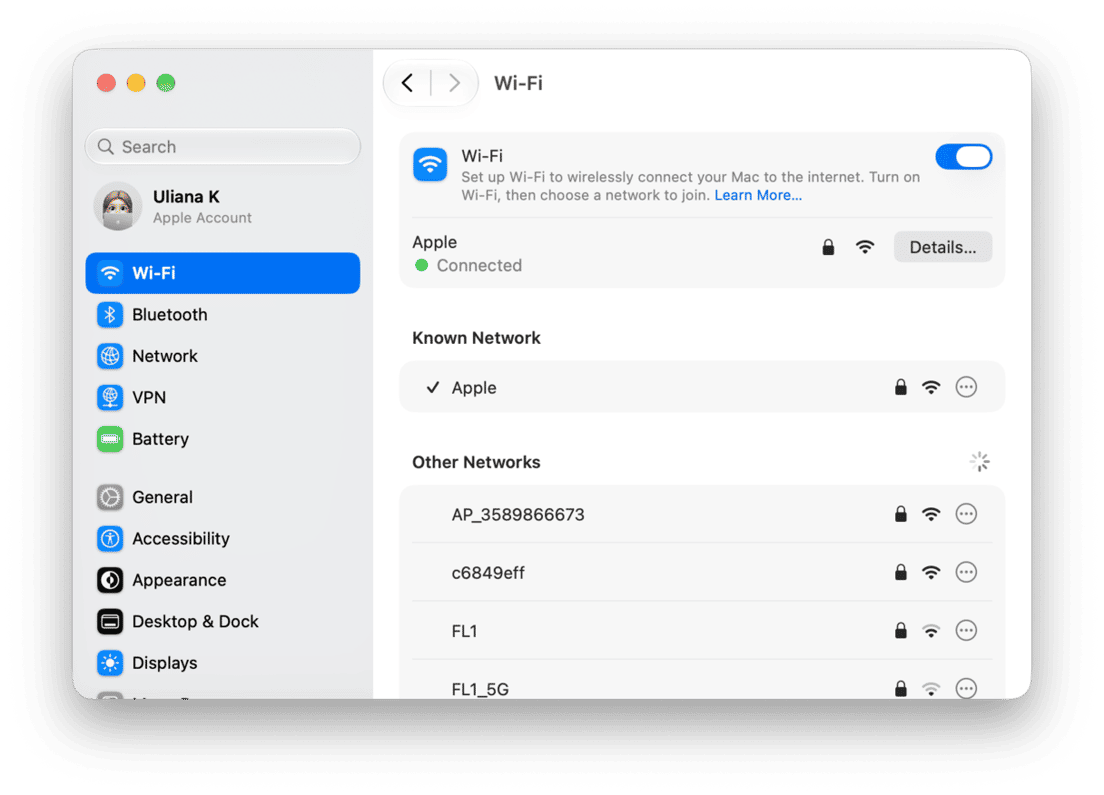 System Preferences - macOS Wi-Fi settings showing active network connection and list of available nearby networks