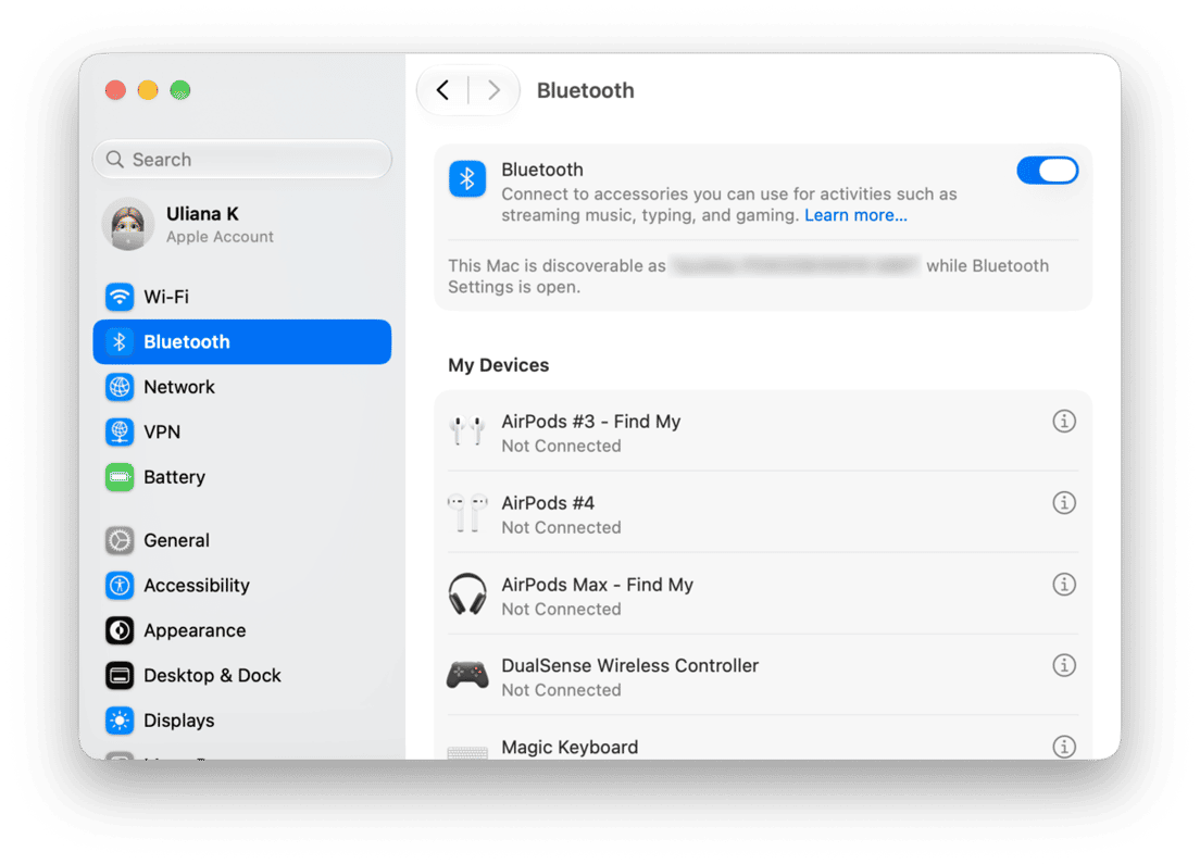 macOS Bluetooth settings showing connected devices list
